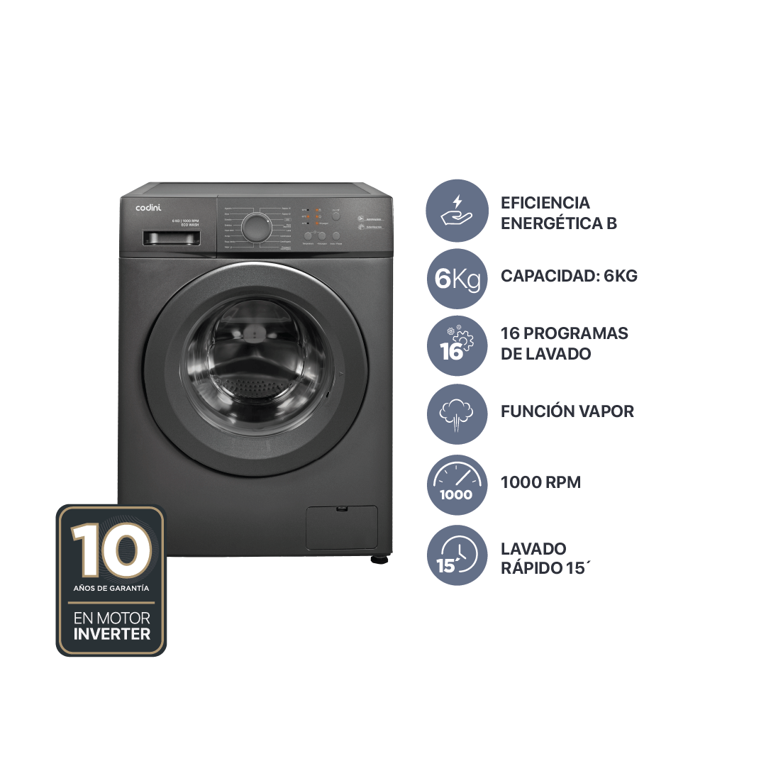 Lavarropas Automático Codini AIAFE6010G 6 kg 1000 RPM Inverter Gris ...